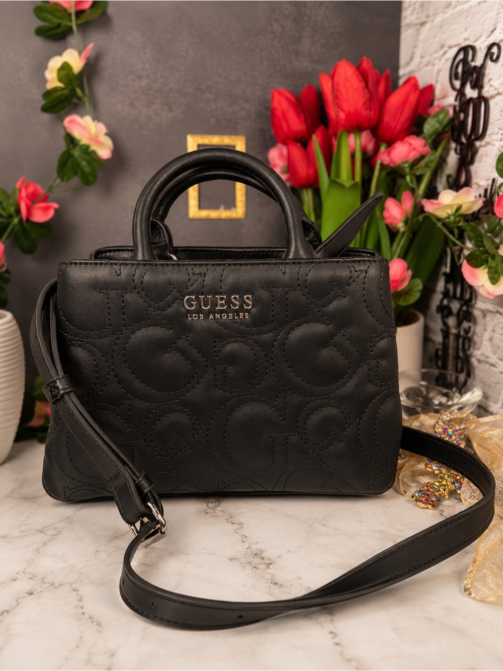 GUESS Black Quilted Signature Satchel with Gold Logo-NWT